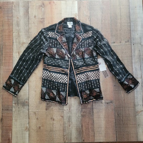 Sandy Starkman Brown Black Embroidered Beaded Sequin Silk Jacket - Picture 1 of 16